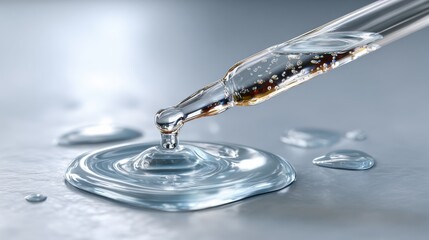 Close-up of transparent glass pipette dropping liquid serum onto glossy surface with reflections and smooth texture ideal for skincare product branding and cosmetic packaging visuals