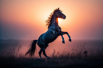 Silhouette of a wild horse rearing at sunrise