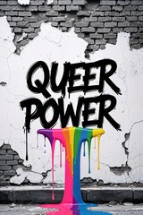 Eye-catching graffiti mural displaying "QUEER POWER" in bold black paint, layered on a vivid rainbow background on an industrial white brick wall. Symbolizing strength, pride, and protest.