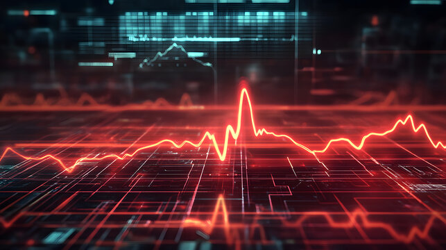 Digital illustration of heartbeat monitor line with glowing red pulse against dark, futuristic background