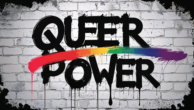 Queer street art protest mural with powerful 'QUEER POWER' black lettering dripping over rainbow flag colors on white wall. LGBTQ+ empowerment, pride celebration, and equality movement artwork.