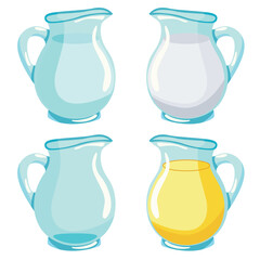 Glass jug for liquid vector drawing. The jug is empty, a jug with water, juice and milk. A set of four objects on a white background.