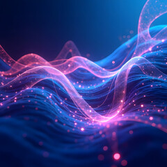 Fototapeta premium Neon Light Waves with Pink and Blue Glowing Lines and Dots on Dark Background