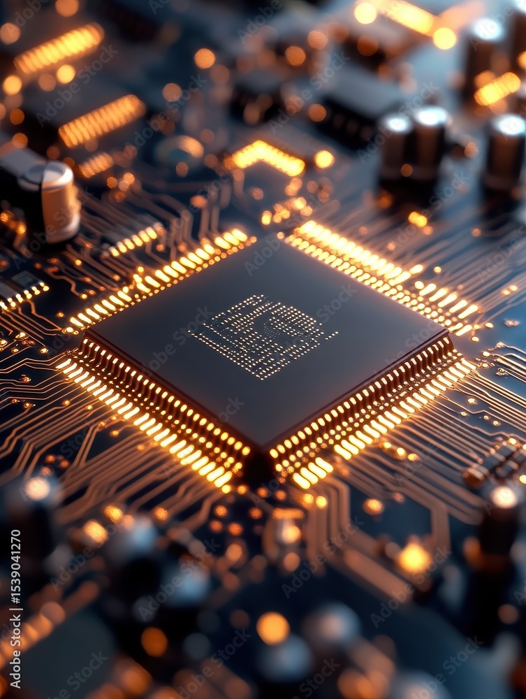 Poster intricate closeup of a processor chip on circuit board, exploring the complexities of modern computi