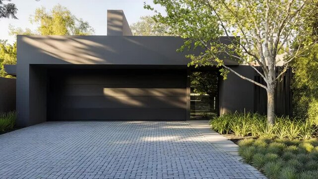 Contemporary garage design featuring sleek gray walls and patterned brick path