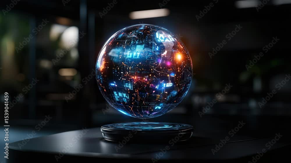 Poster A glowing digital sphere with futuristic data patterns hovers above a round base in a dark, modern room.