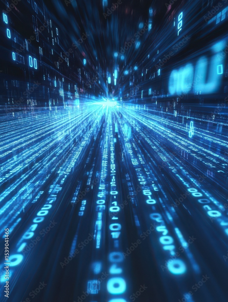 Poster futuristic digital scene with binary code streaming at high speed, radiating blue light and dynamic 