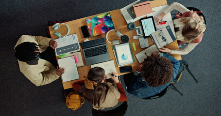 Above, study group and college with friends in library for research project, technology or legal...