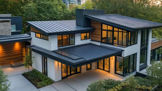 Contemporary home exterior featuring metal sheet roofing with clean lines and minimalist architectural style