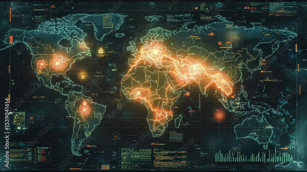 Poster A glowing digital world map displays global hotspots and interconnected data points in a futuristic interface.