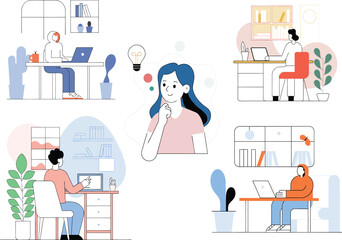 Minimal Vector Illustration of Person in Hoodie Working on Laptop at Desk – Modern Remote Work Scene