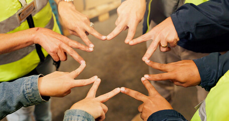 Obraz premium Construction, team and hands of people with star for solidarity, collaboration and connection. Engineering, building warehouse and workers with peace sign for infrastructure, cooperation and support