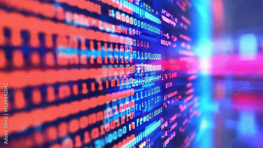 Poster Colorful digital code and data streams glow on a futuristic screen, representing technology and information flow.