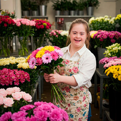 Happy Florist with Down Syndrome Holding a Bouquet