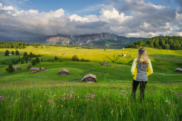 Naklejka premium Young woman on the meadow with yellow flowers and green grass in beautiful alpine mountain valley at sunset in summer. Alpe di Siusi, Dolomites, Italy. Girl, wooden houses, hills, rocks, cloudy sky