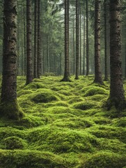 Fototapeta premium enchanting scandinavian forest landscape with ancient pine trees covered in thick green moss, mystical nordic wilderness photography