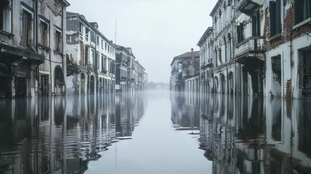 A deserted, flooded street is lined with old, deteriorating buildings, shrouded in mist and eerily silent.