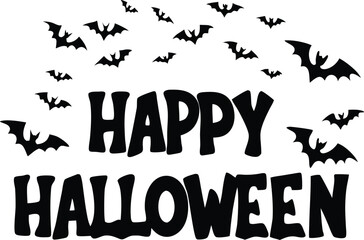 Happy Halloween text with bats flying above in black and white