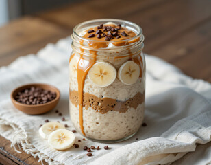  Healthy breakfast jar with overnight oats, banana, peanut butter, and cacao nibs