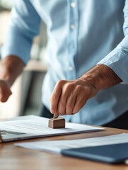 Obraz premium Man in light blue shirt stamps document on desk. Holds rubber stamp, applies to paperwork. Office setting with laptop, documents. Formal business scene. Official approval process. Businessman signs