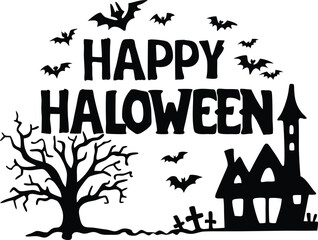Fototapeta premium Happy Halloween Vector with Haunted House Bats Tree and Tombstones