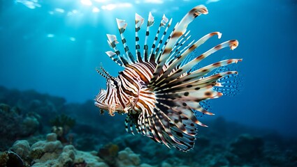 Close up of a lionfish swimming in the ocean with sunlight shining through the water above it all