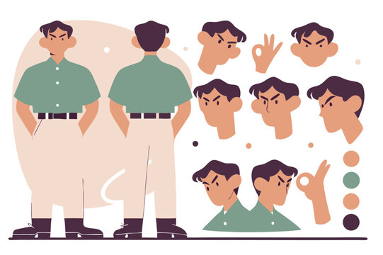 Young Male Character Design – Full Body Turnaround Poses in Flat Vector Style