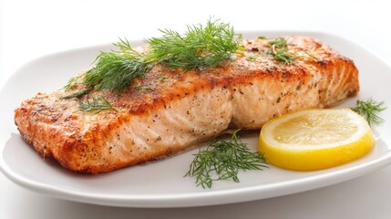 Oven-roasted Salmon Fillet Garnished With Dill and Lemon on a White Plate for a Delicious Meal