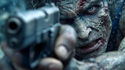 Close-up of a menacing zombie with decayed skin and piercing blue eyes aiming a handgun directly at the viewer.
