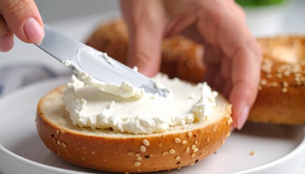 Spreading Cream Cheese on Bagel. Food Macro Shot