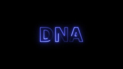 Glowing neon DNA text animation.Translucent DNA helix floating horizontally across dark grid plane, featuring glowing code streams