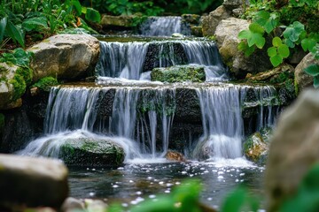 Fototapeta premium Cascading waterfall in lush jungle forest of Tasmania under soft sunlight, Scenic waterfall in jungle forest of Tasmania Australia Beautiful nature