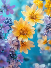 Fototapeta premium Yellow and purple flowers on pastel blue background. Spring concept.