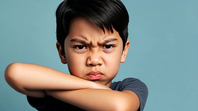 Child expressing determination crossing arms nonverbally against soft blue backdrop
