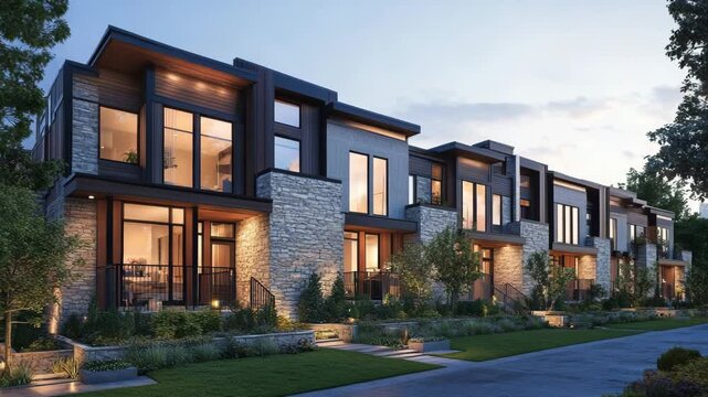 Contemporary townhomes featuring stone and wood facades in urban setting