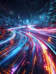 Obraz premium Futuristic digital landscape with vibrant light trails and data streams