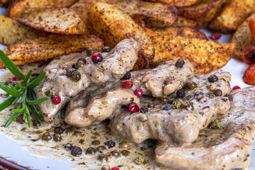 polędwiczki, sos, pieprz, jedzenie, posiłek, obiad, grilla, płyta, wieprzowina, dania, delikatesowy, knajpa, grill, gotowane, papryczka, świeży