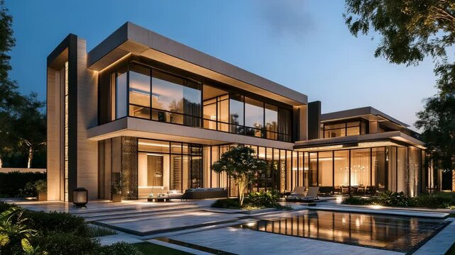 Contemporary villa hotel facade showcasing upscale luxury and stylish resort architecture