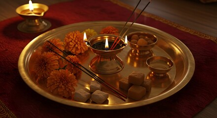 Detailed shot of a ritual offering plate used in Hindu puja ceremonies