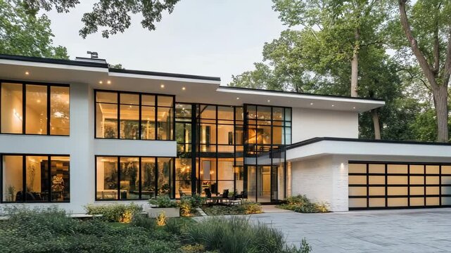 Contemporary white home featuring large glass windows, garage, and lush trees