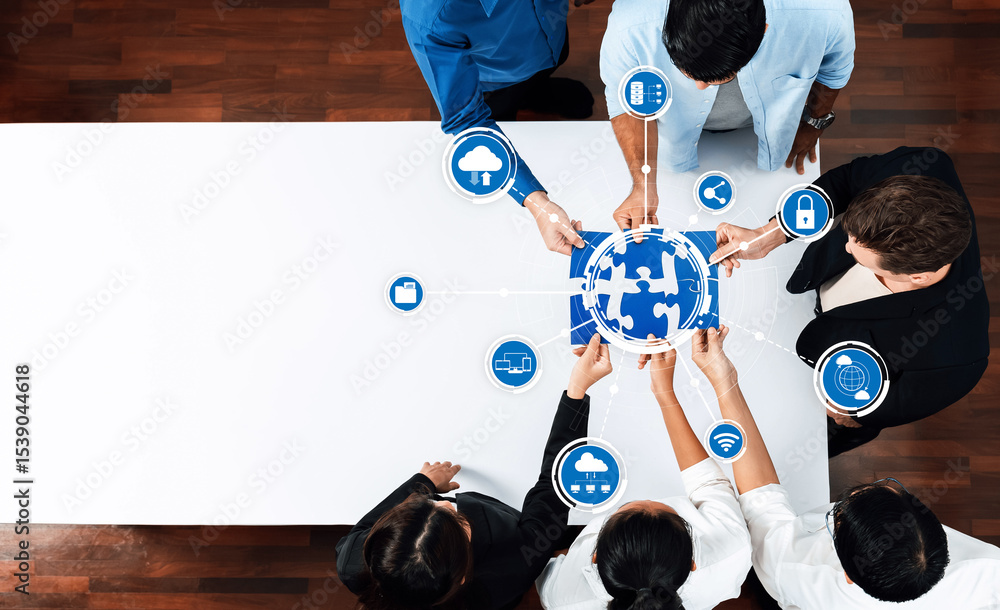 Aufkleber a diverse group of professionals collaborates on a technology puzzle, surrounded by digital icons sy
