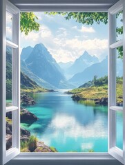 Beautiful window views mountain view lagoon. nature landscape scene scenery wallpaper backdrop