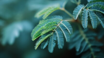 Mimosa pudica: A close up studio image delicate green leaflets soft natural light just before touch serene blurred background.