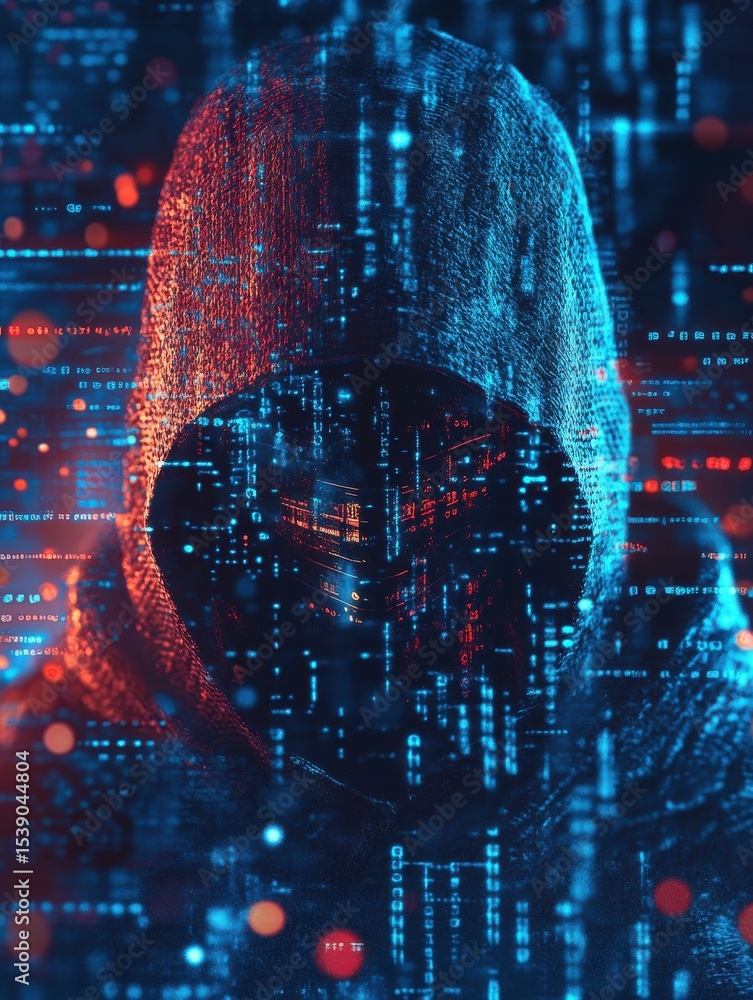 Poster cybersecurity concept iot attacks on foreground screen, hacker silhouette hidden with low poly style