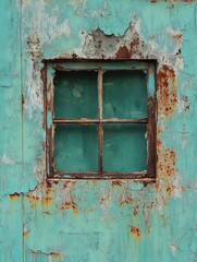 Rusty window with teal paint on weathered wall