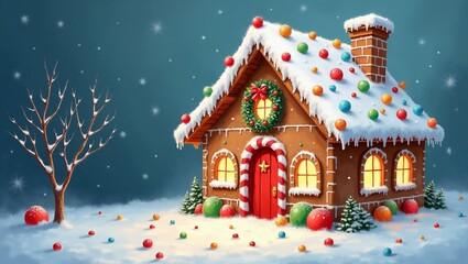 Classic gingerbread house with colorful candy and snowy yard