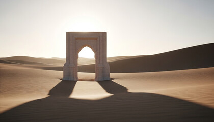 Monumental concrete arch in vast desert with warm dusk light and dramatic shadows
