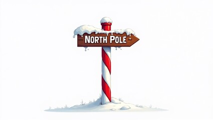 North Pole signpost with snow and candy cane stripes on white