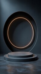 Dark minimalist product display platform neon circle