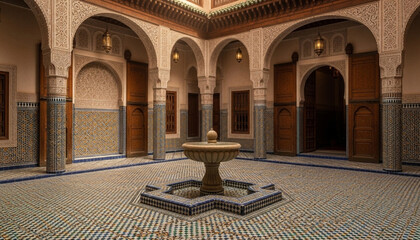 Elegant Moroccan-style room with colorful mosaics, wooden carvings, and warm, luxurious lighting